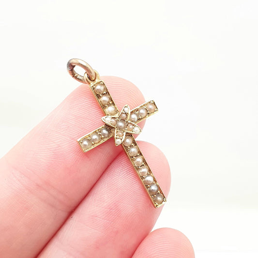 Antique 15ct Gold Crucifix Pendant Victorian Seed Pearl Necklace 15kt 625 Yellow Engraved 1800s Vintage Jewellery Jewelry