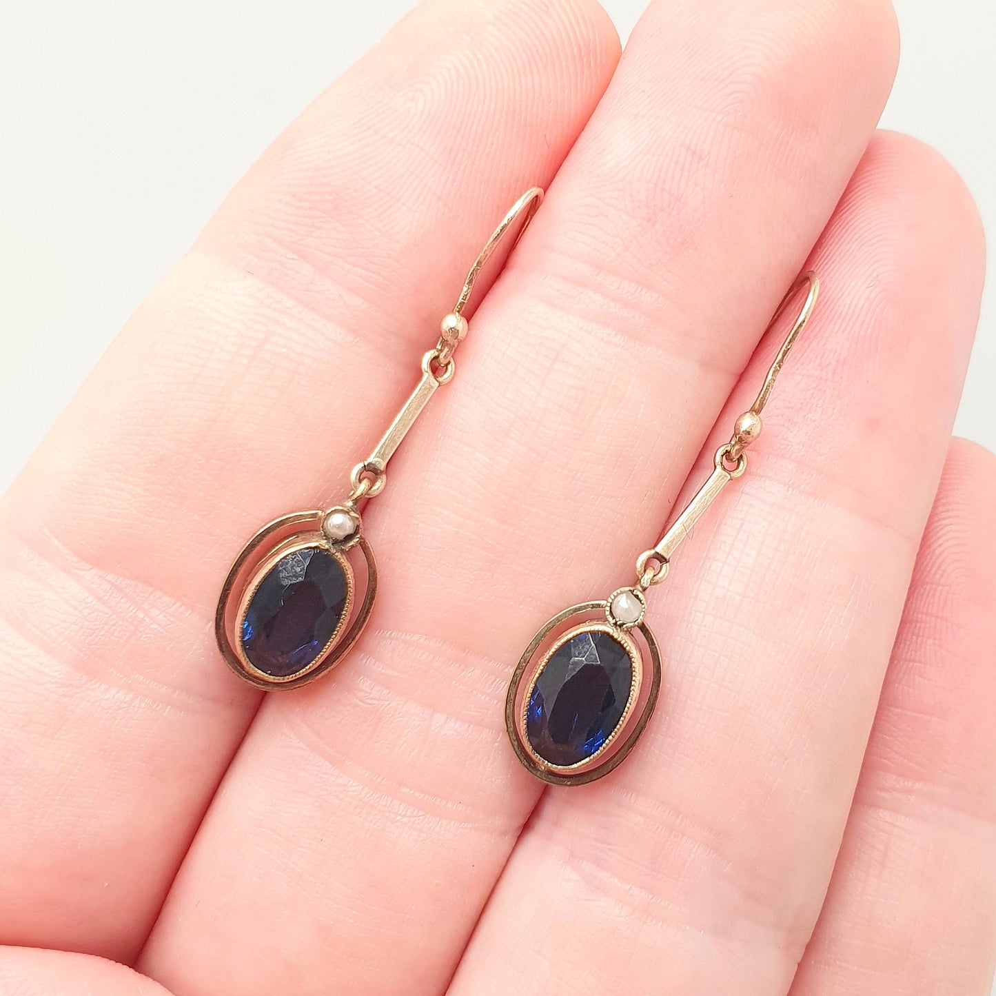 Antique Rolled Gold Sapphire Paste Earrings Seed Pearl Rose Gold Filled Oval Cut Genuine Edwardian 9ct Gold Hooks Vintage Jewellery Jewelry