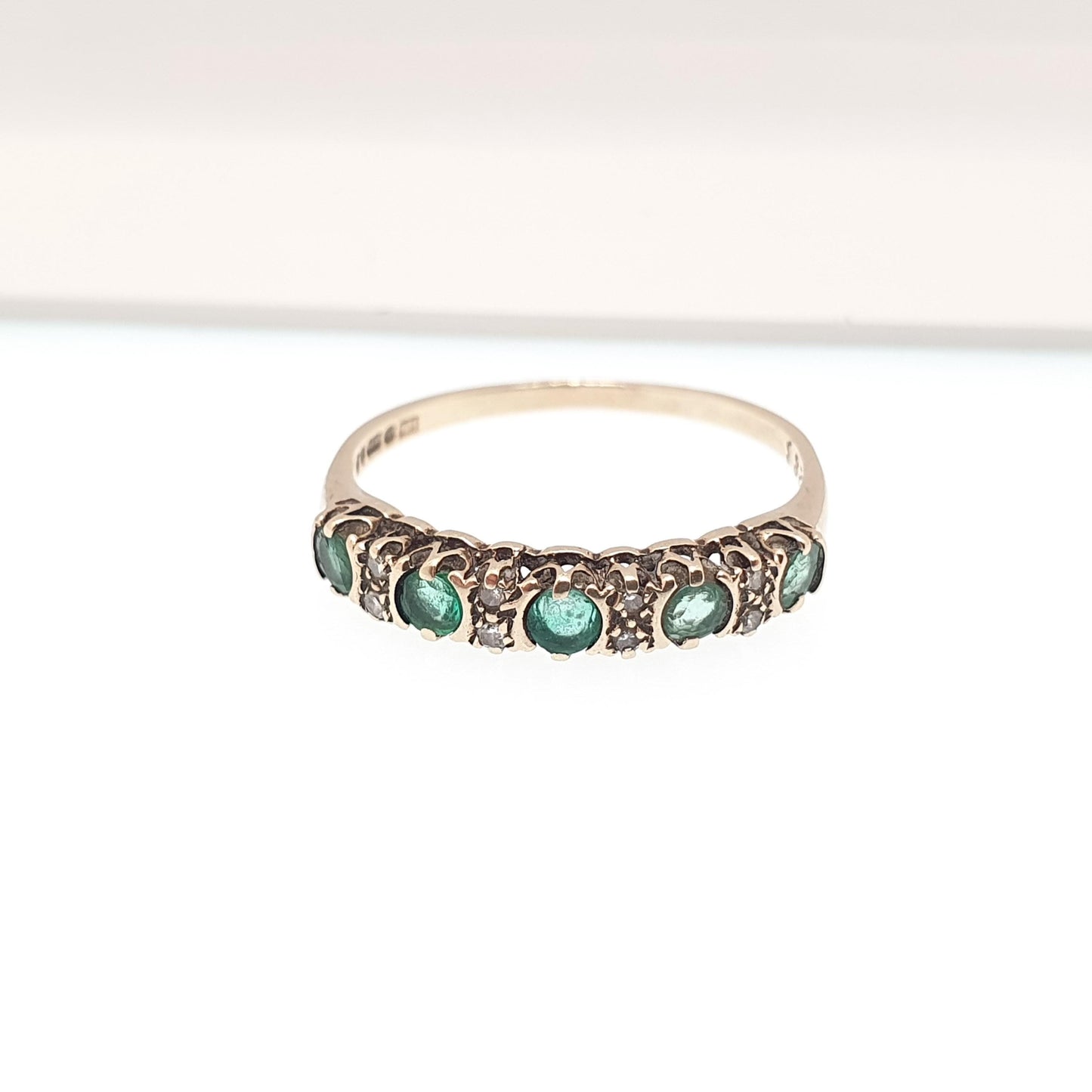 Vintage 9k Gold Emerald Diamond Ring Half Eternity Solid 9ct 375 Genuine Gemstone Jewelry Jewellery Womens