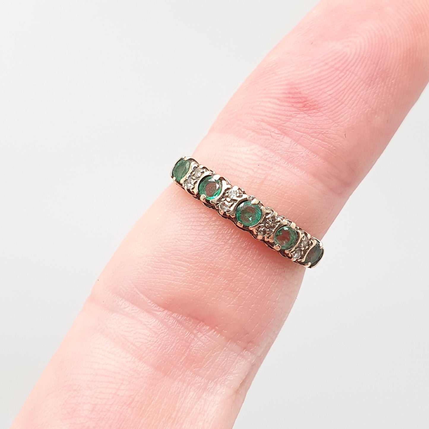Vintage 9k Gold Emerald Diamond Ring Half Eternity Solid 9ct 375 Genuine Gemstone Jewelry Jewellery Womens
