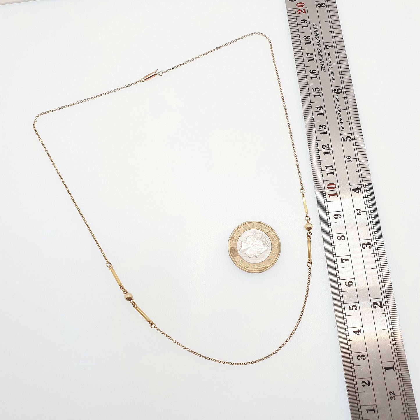 Antique 9ct 9k Gold Chain Necklace Bar & Bead Ball Edwardian 1900s 43cm 16.9" 2.30g Solid 9kt Vintage Jewelry