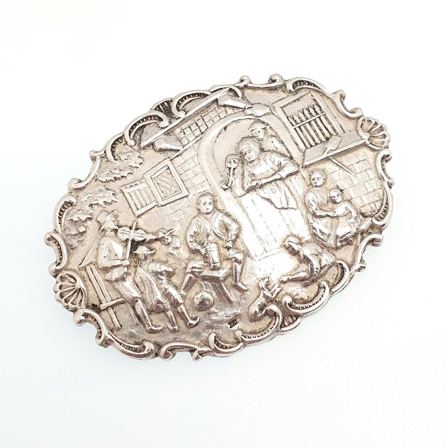 Antique Solid Silver Dutch Pub Brooch Victorian Bar Scene Drinking Large Big Vintage Jewelry Jewellery