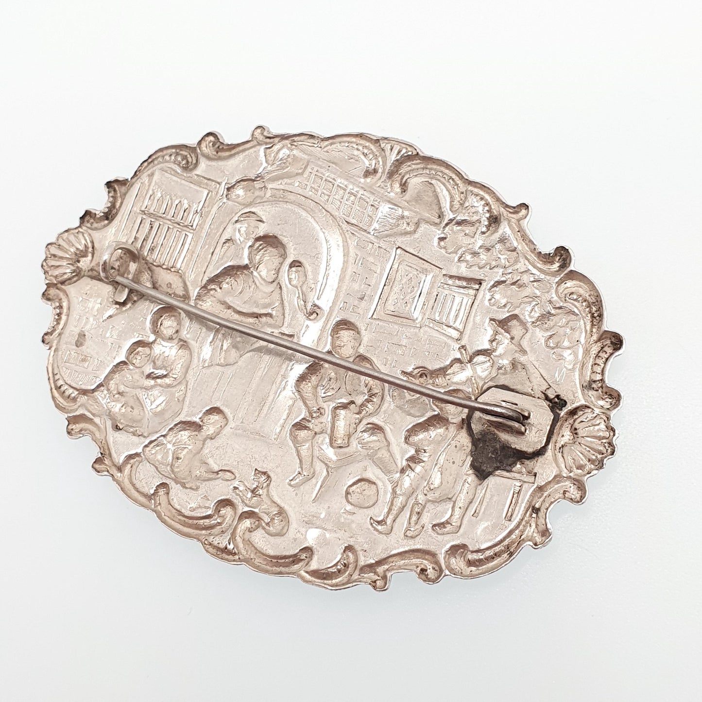 Antique Solid Silver Dutch Pub Brooch Victorian Bar Scene Drinking Large Big Vintage Jewelry Jewellery
