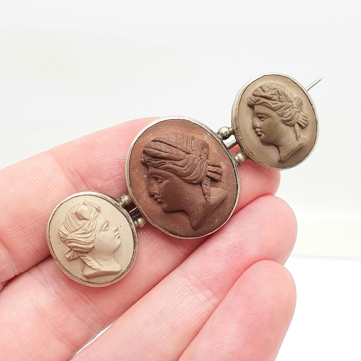 Antique Victorian Lava Cameo Brooch Triple High Relief Detailed Hand Carved Silver Tone Base Metal Vintage Jewelry Jewellery