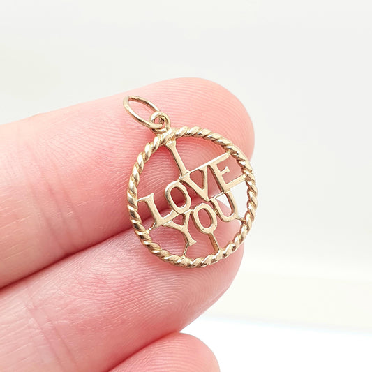 Vintage 9ct Gold I LOVE YOU Charm Pendant Solid 9k 375 Bracelet Necklace Hallmark Gift Romantic Womens Jewelry Jewellery