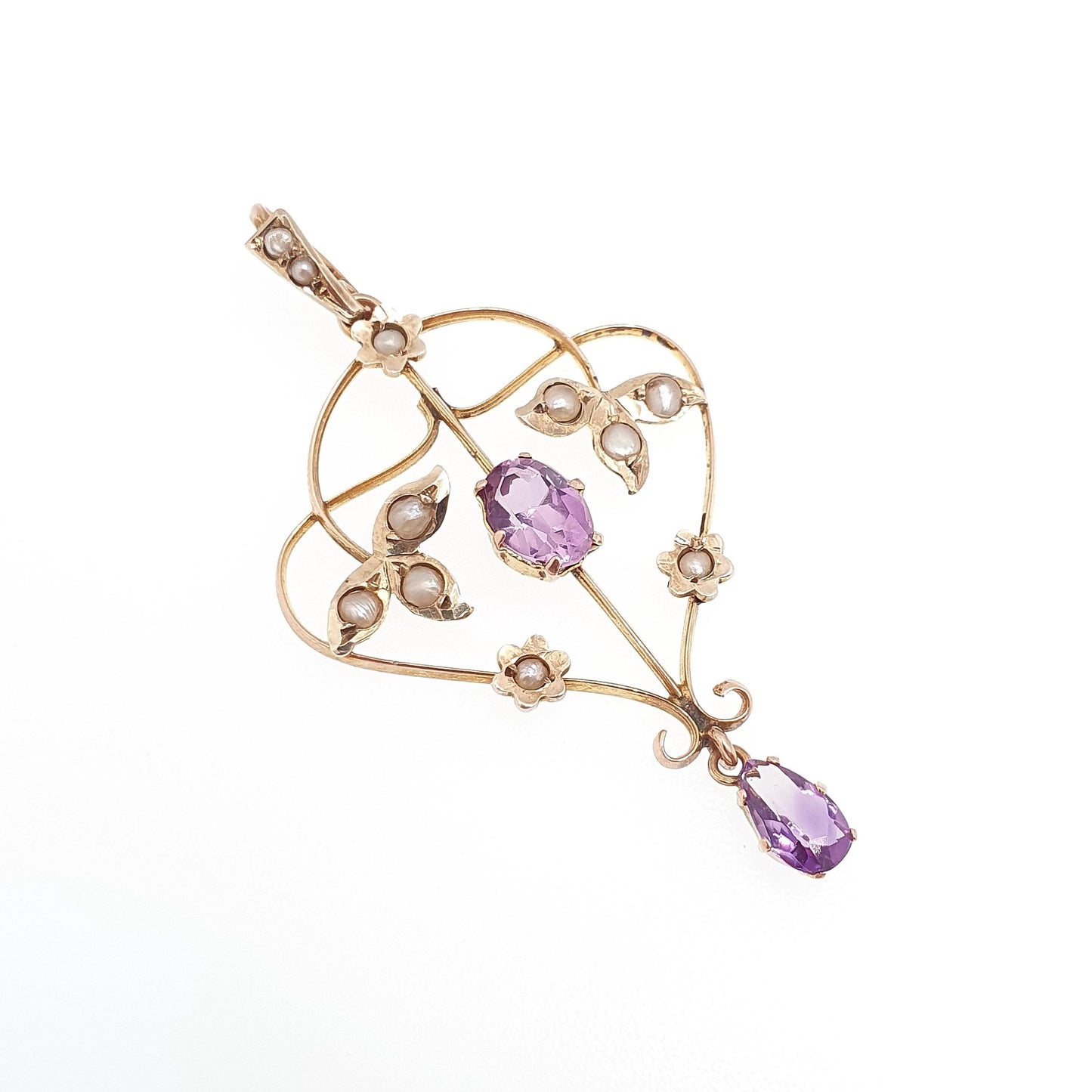 Antique 9ct Gold Amethyst Seed Pearl Pendant Necklace Brooch Edwardian Solid 375 Openwork Art Nouveau Vintage Jewellery Jewelry