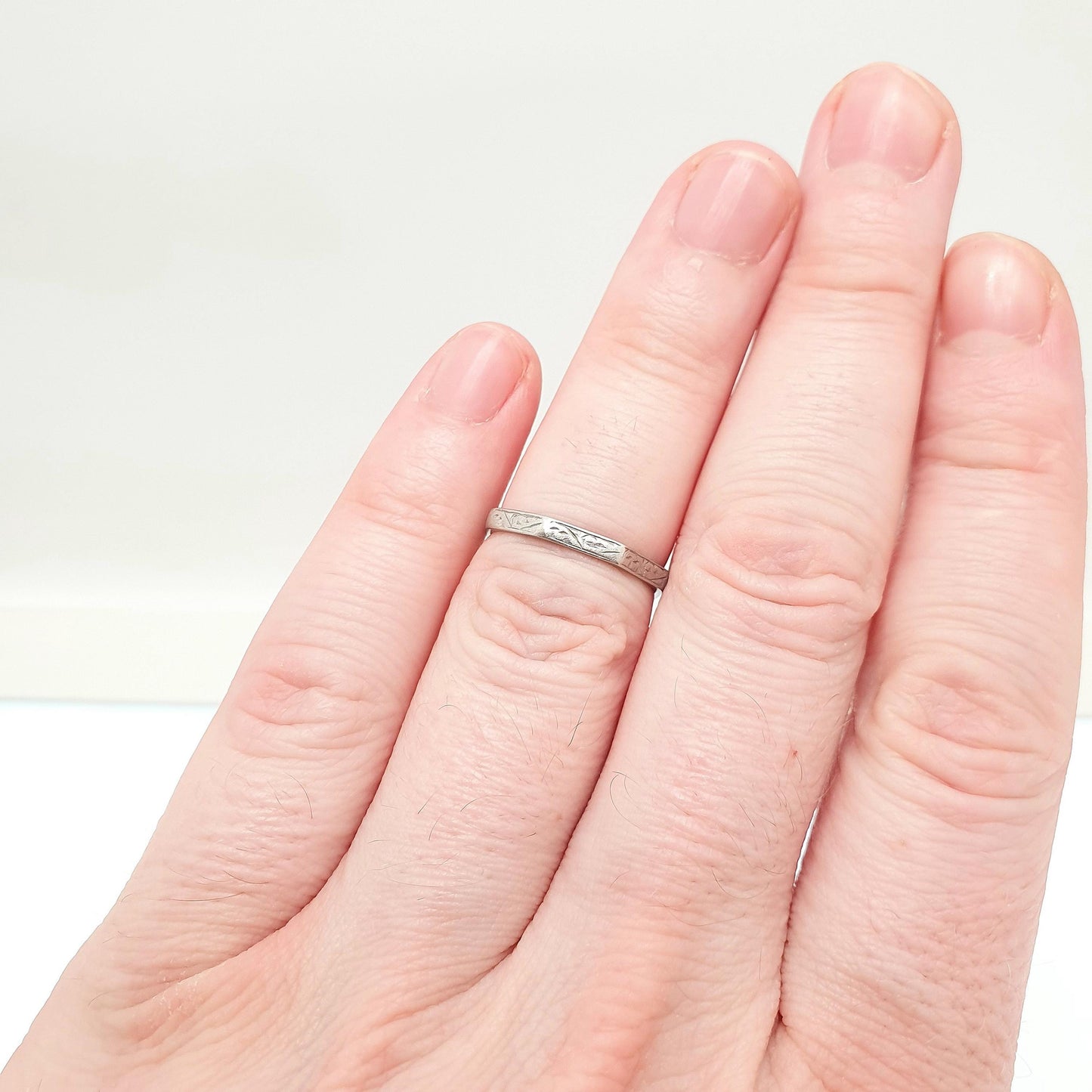 Antique Platinum Band Ring Art Deco Octagonal Wedding Bands Engraved Solid 1920s Genuine Vintage Full Band Mens Womens Jewelry