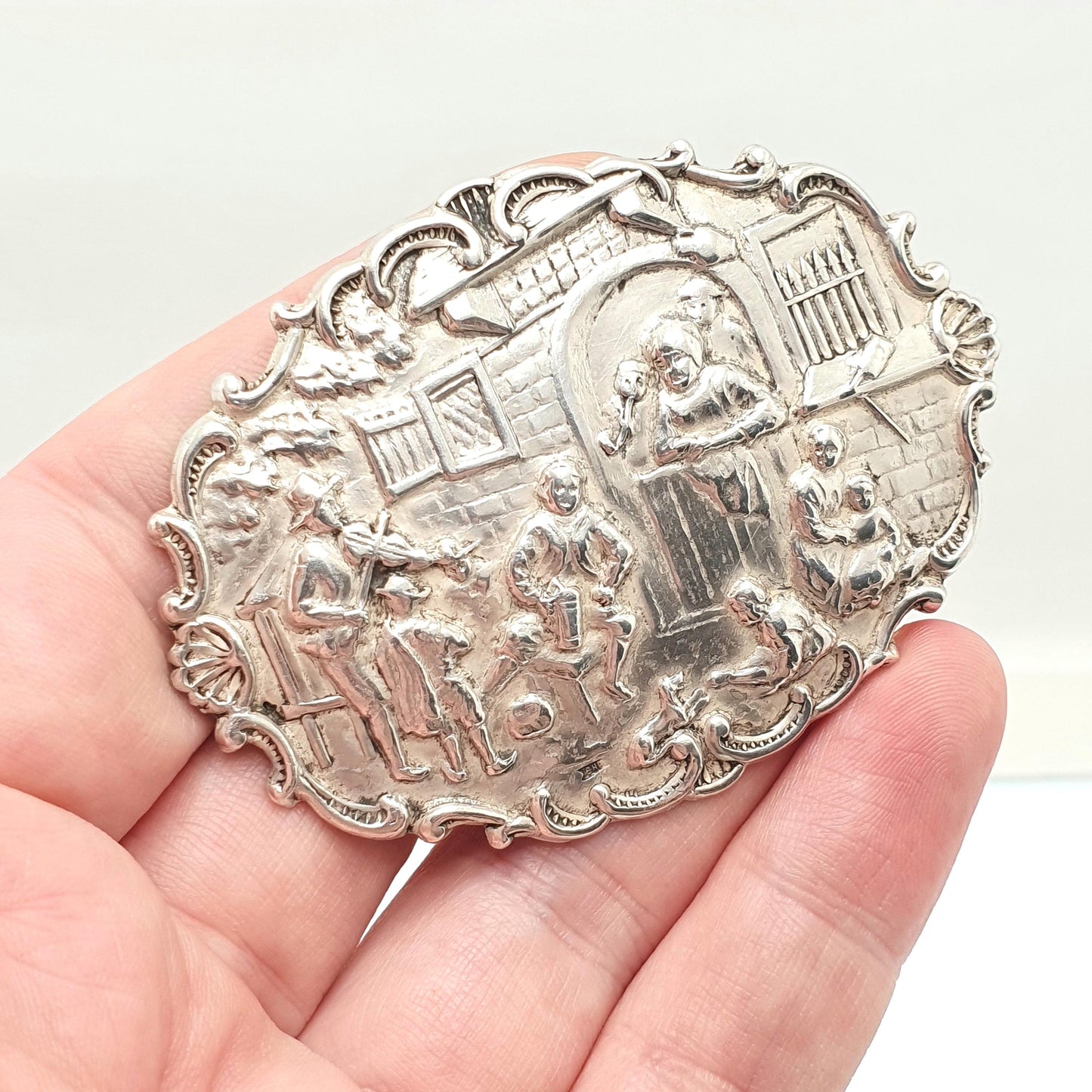 Antique Solid Silver Dutch Pub Brooch Victorian Bar Scene Drinking Large Big Vintage Jewelry Jewellery