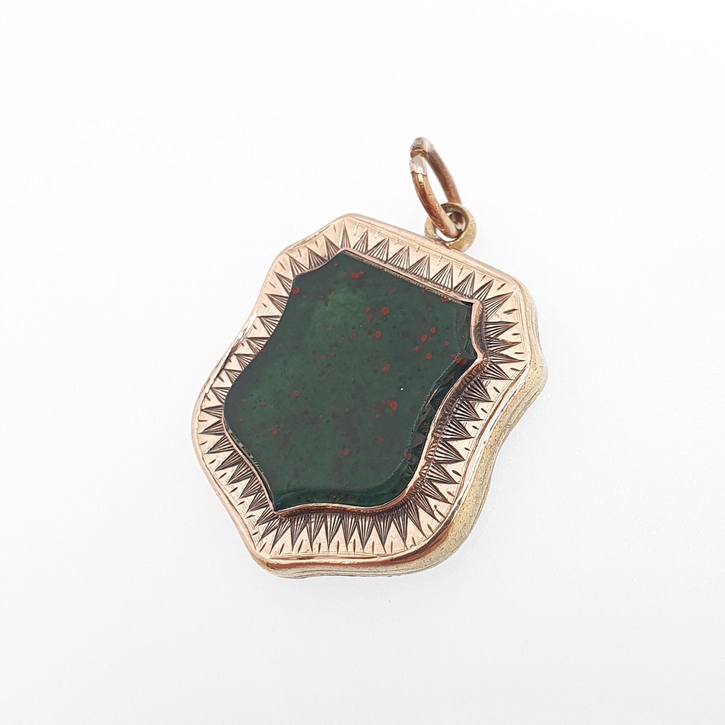 Antique Victorian Bloodstone Shield Pendant Necklace Agate Gemstone Rolled Gold Filled Front Vintage