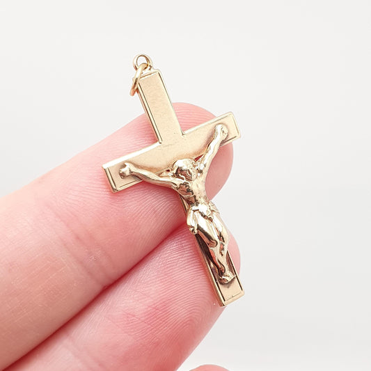 Vintage 9k 9ct Gold Jesus On The Cross Crucifix Necklace Pendant 1966 Hallmark Solid 375 Christian Religious Mens Womens Jewelry Jewellery