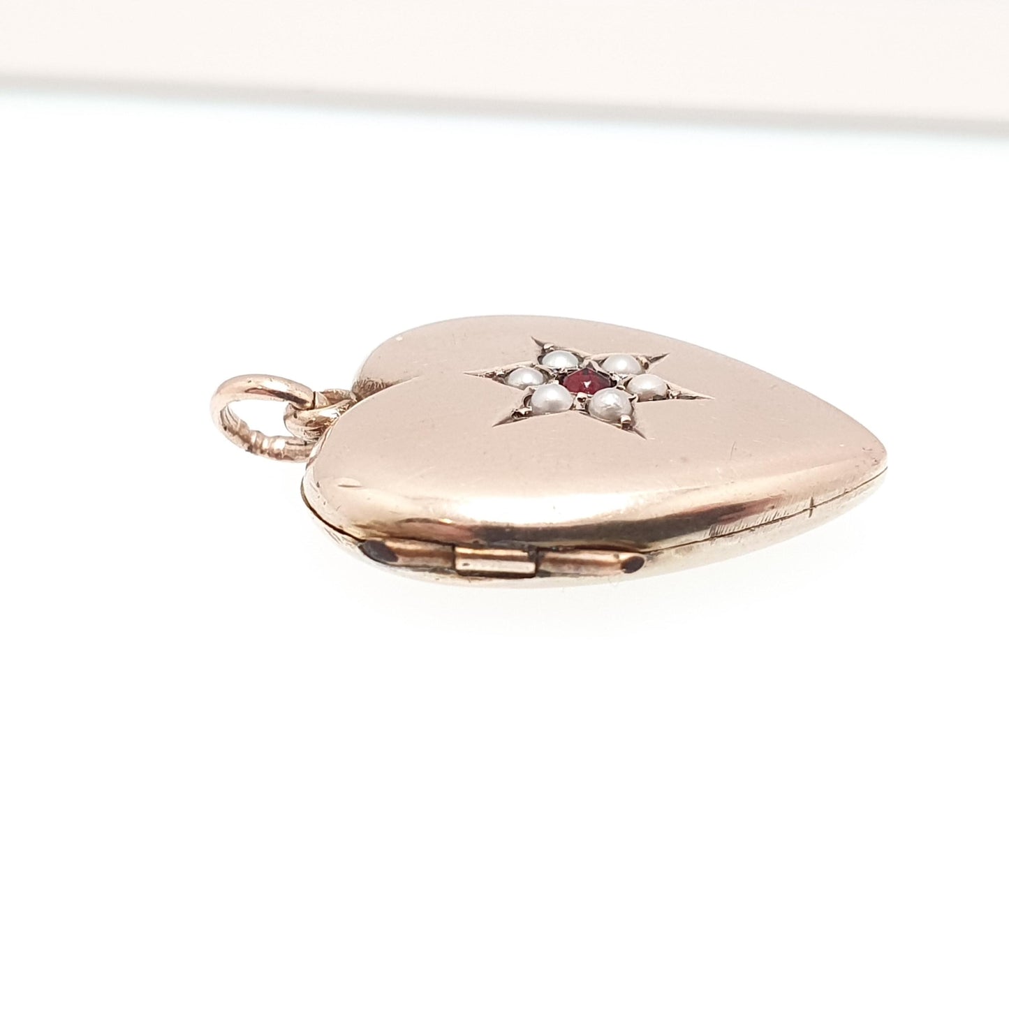 Antique 9ct 9k Gold Heart Locket Garnet & Seed Pearl Star Set Victorian Pendant Back Front Photo Vintage Jewelry Jewellery