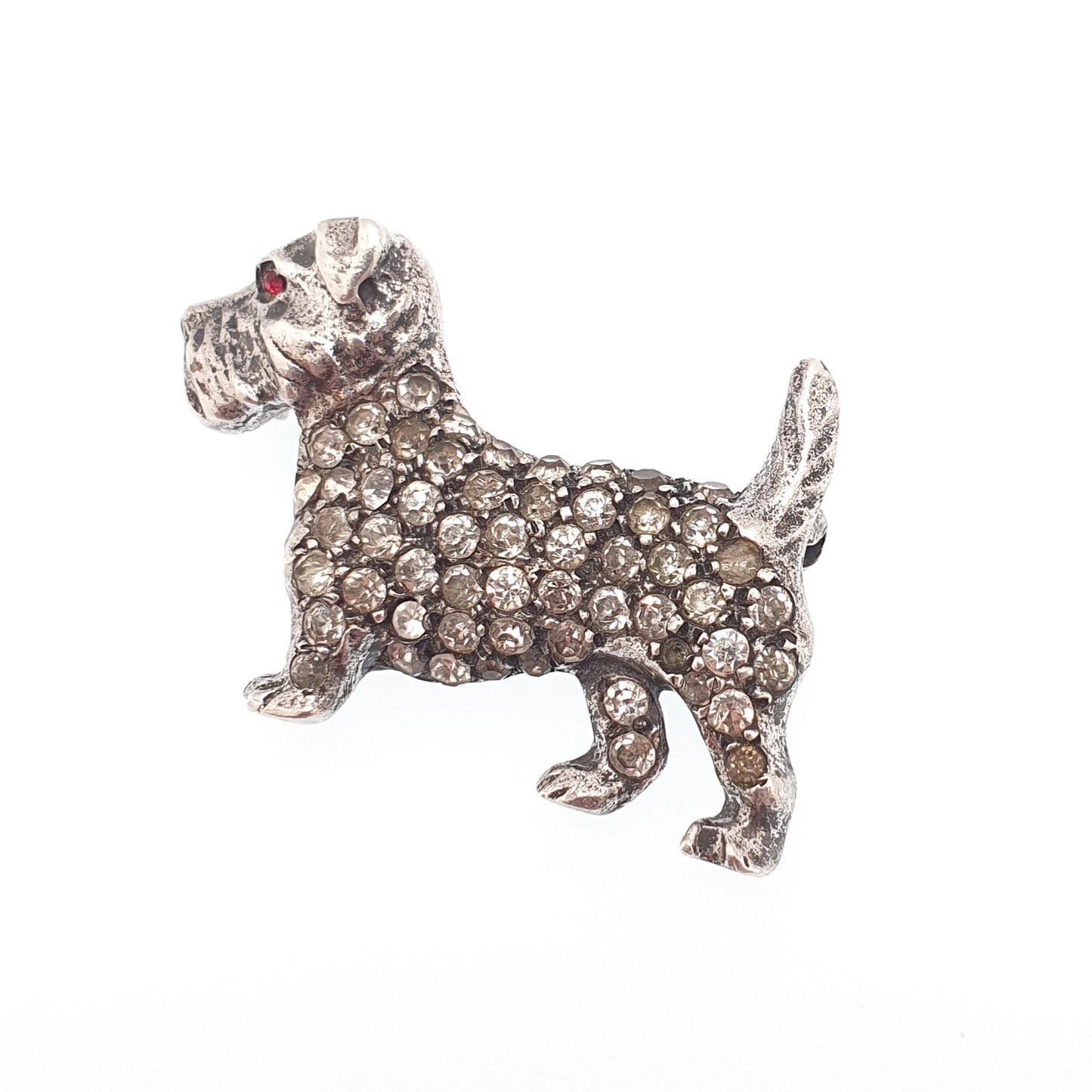 Antique Sterling Silver Schnauzer Dog Brooch Pin Diamond Paste & Ruby Pastes Art Deco Vintage Jewellery Jewelry