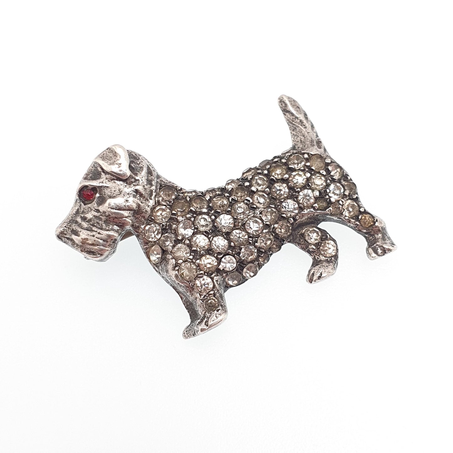 Antique Sterling Silver Schnauzer Dog Brooch Pin Diamond Paste & Ruby Pastes Art Deco Vintage Jewellery Jewelry