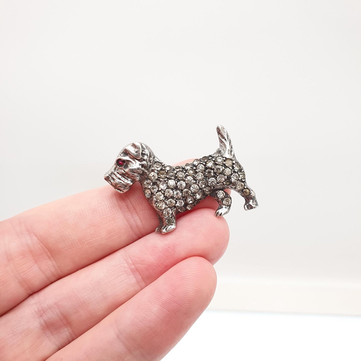 Antique Sterling Silver Schnauzer Dog Brooch Pin Diamond Paste & Ruby Pastes Art Deco Vintage Jewellery Jewelry