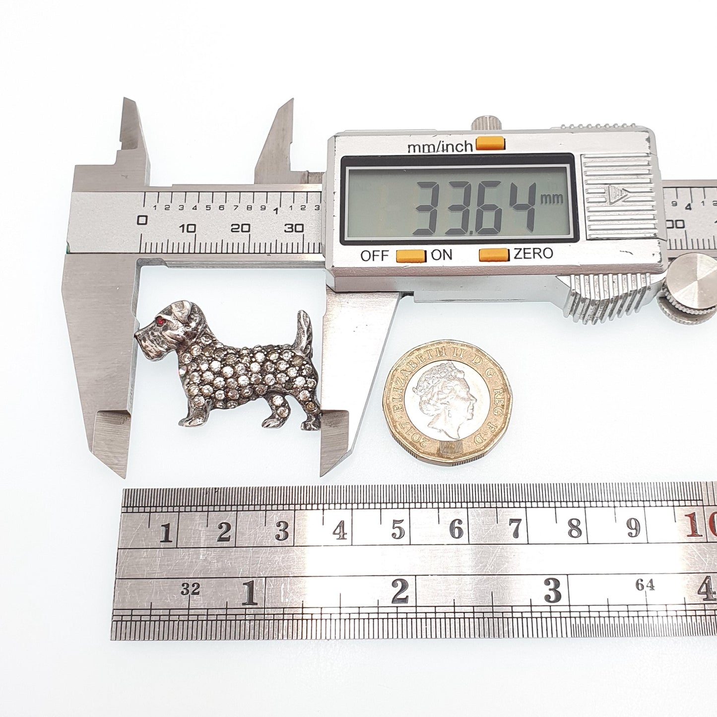 Antique Sterling Silver Schnauzer Dog Brooch Pin Diamond Paste & Ruby Pastes Art Deco Vintage Jewellery Jewelry