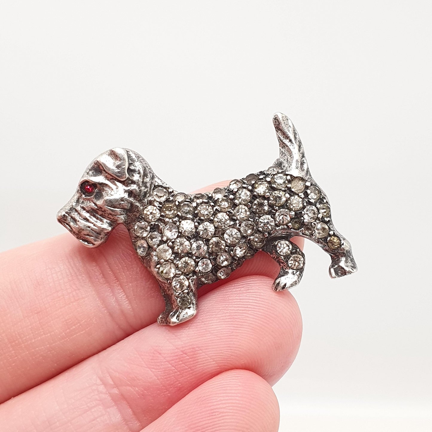 Antique Sterling Silver Schnauzer Dog Brooch Pin Diamond Paste & Ruby Pastes Art Deco Vintage Jewellery Jewelry