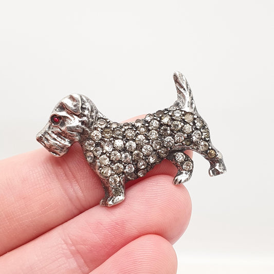 Antique Sterling Silver Schnauzer Dog Brooch Pin Diamond Paste & Ruby Pastes Art Deco Vintage Jewellery Jewelry
