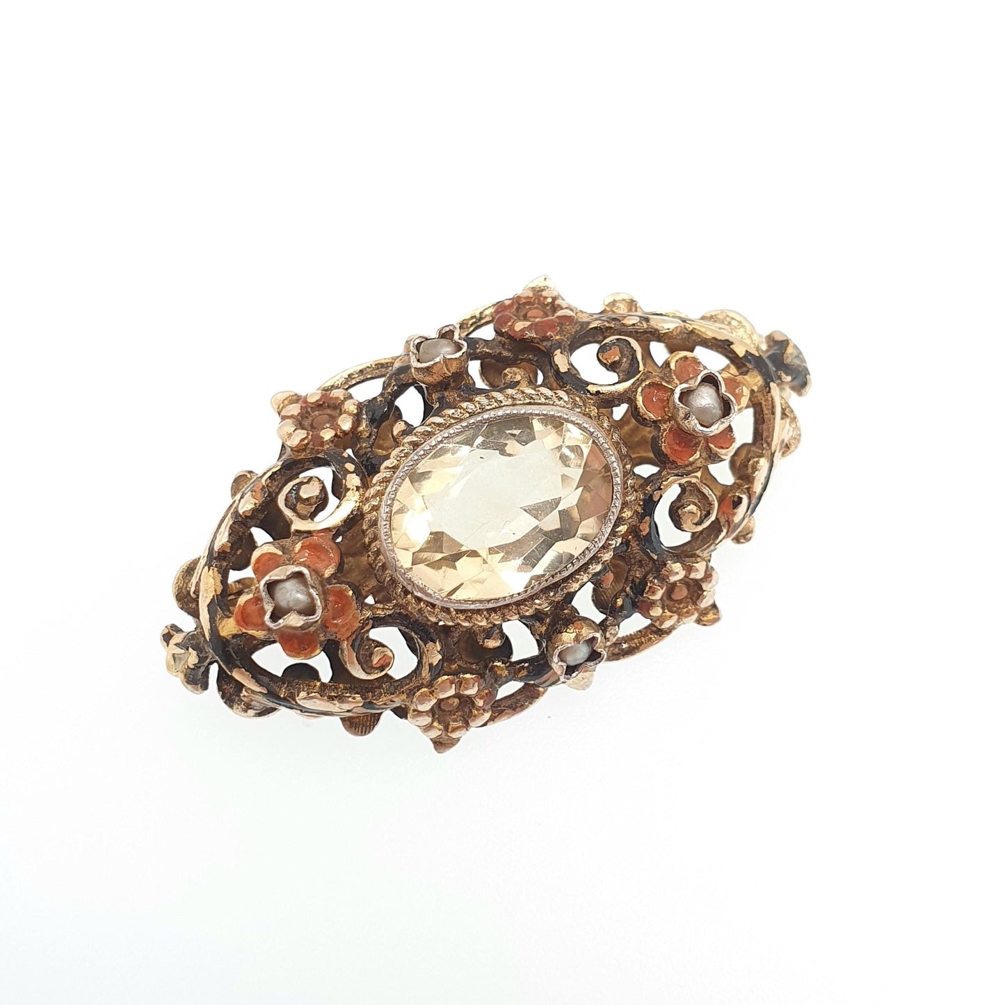 Antique Austro Hungarian Solid Silver Citrine Brooch Victorian Seed Pearl Enamel Genuine Gold Vermeil Gemstone Vintage