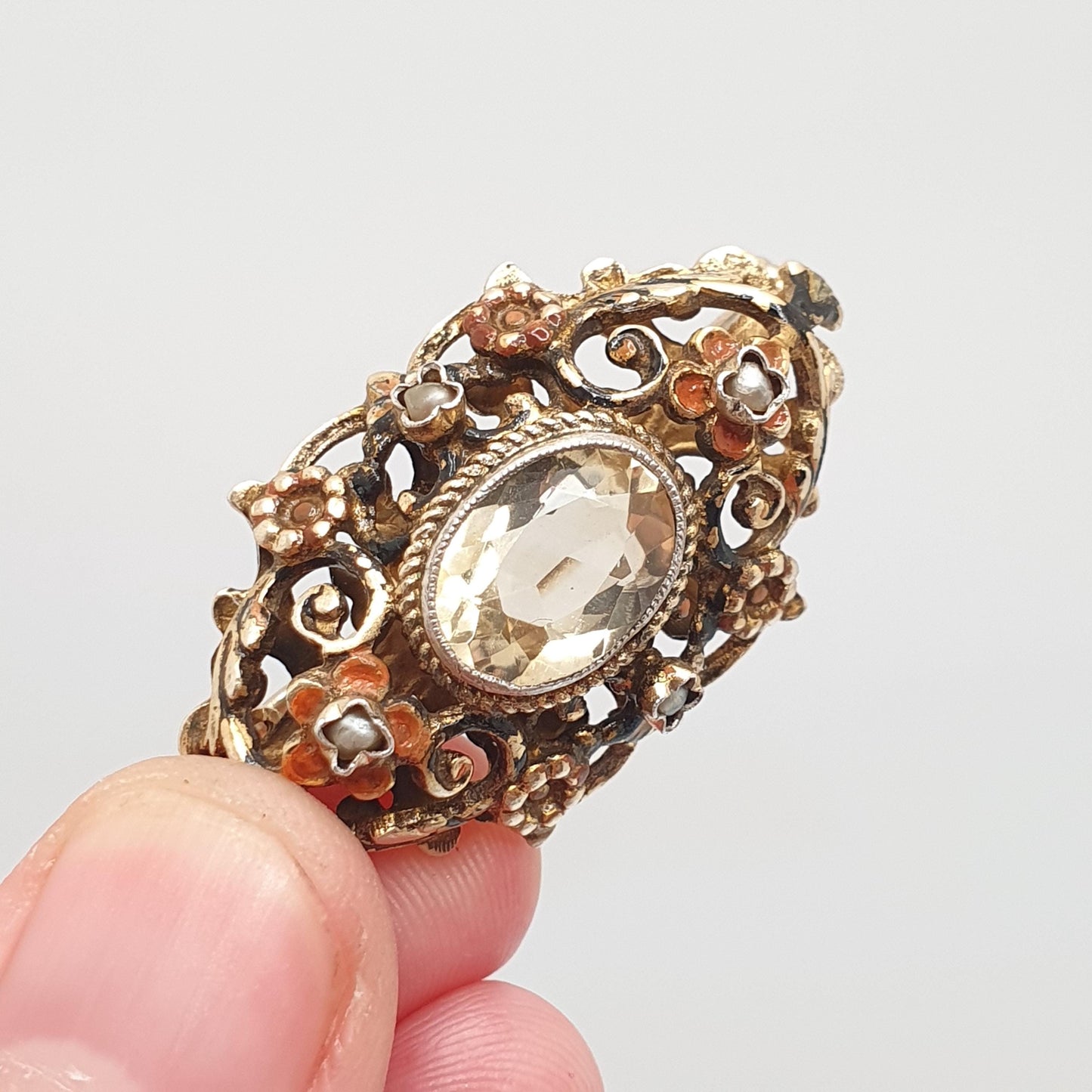 Antique Austro Hungarian Solid Silver Citrine Brooch Victorian Seed Pearl Enamel Genuine Gold Vermeil Gemstone Vintage