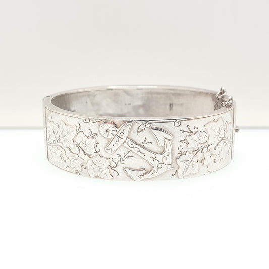 Victorian Sterling Silver Antique Snap Bangle Anchor Bracelet Hope 20.97g 1894 Hallmark Sailing Boat Vintage Jewelry Jewellery