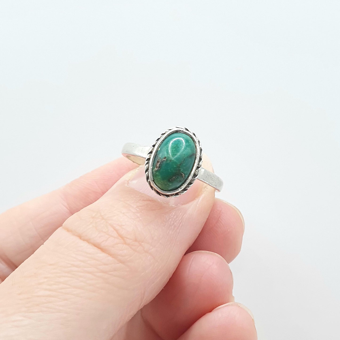 Old Vintage Solid Silver Turquoise Ring Natural Gemstone Matrix Cyan Womens Jewelry Retro Jewellery Boho