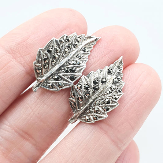 Antique Art Deco Solid Silver Leaf Earrings Marcasite Naturalistic Leaves Womens Ladies Jewelry Vintage Jewellery