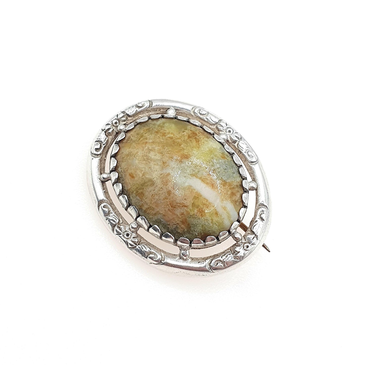 Antique Victorian Solid Silver Connemara Marble Brooch Oval Cabochon Irish Ireland Celtic Gaelic Jewelry Jewellery Vintage