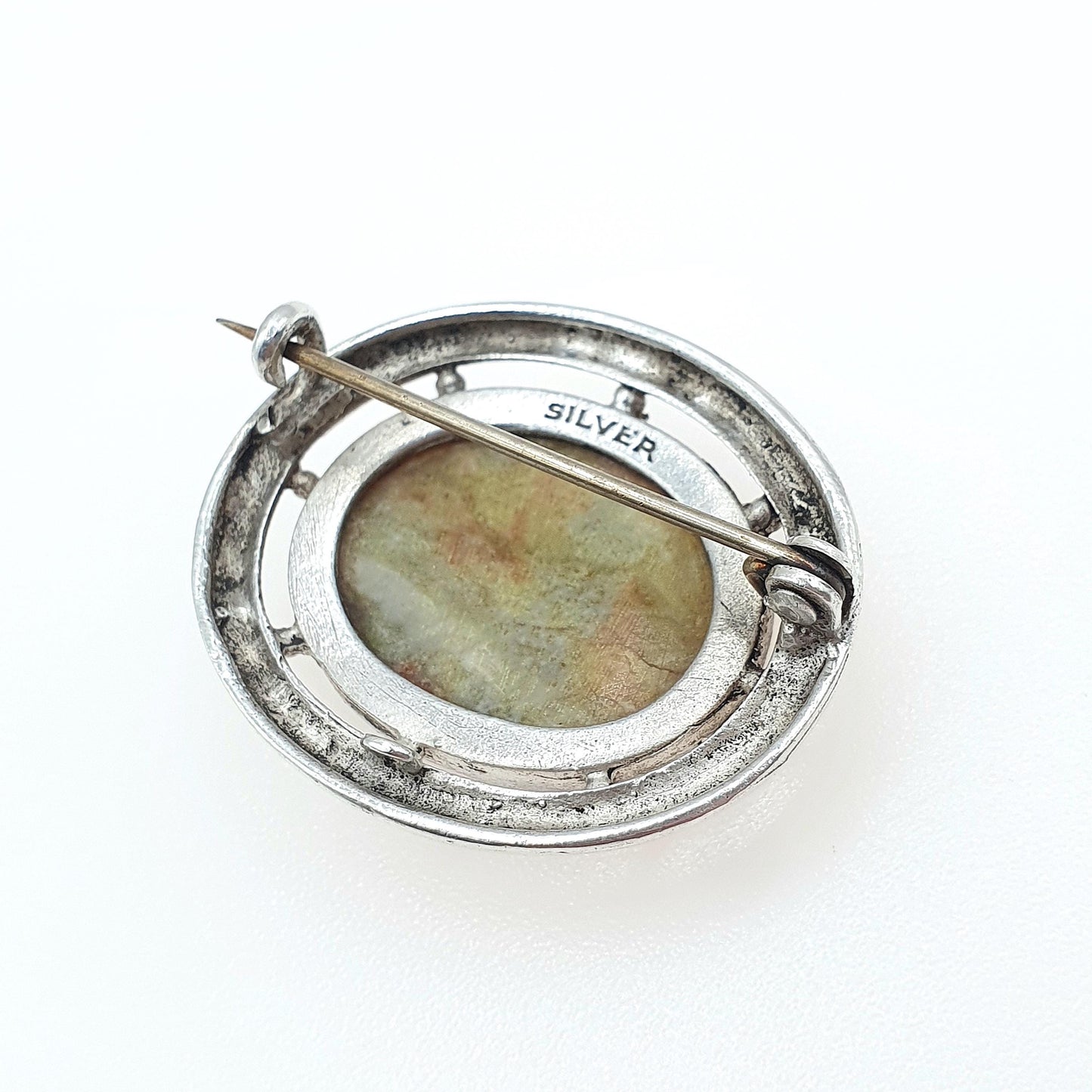 Antique Victorian Solid Silver Connemara Marble Brooch Oval Cabochon Irish Ireland Celtic Gaelic Jewelry Jewellery Vintage