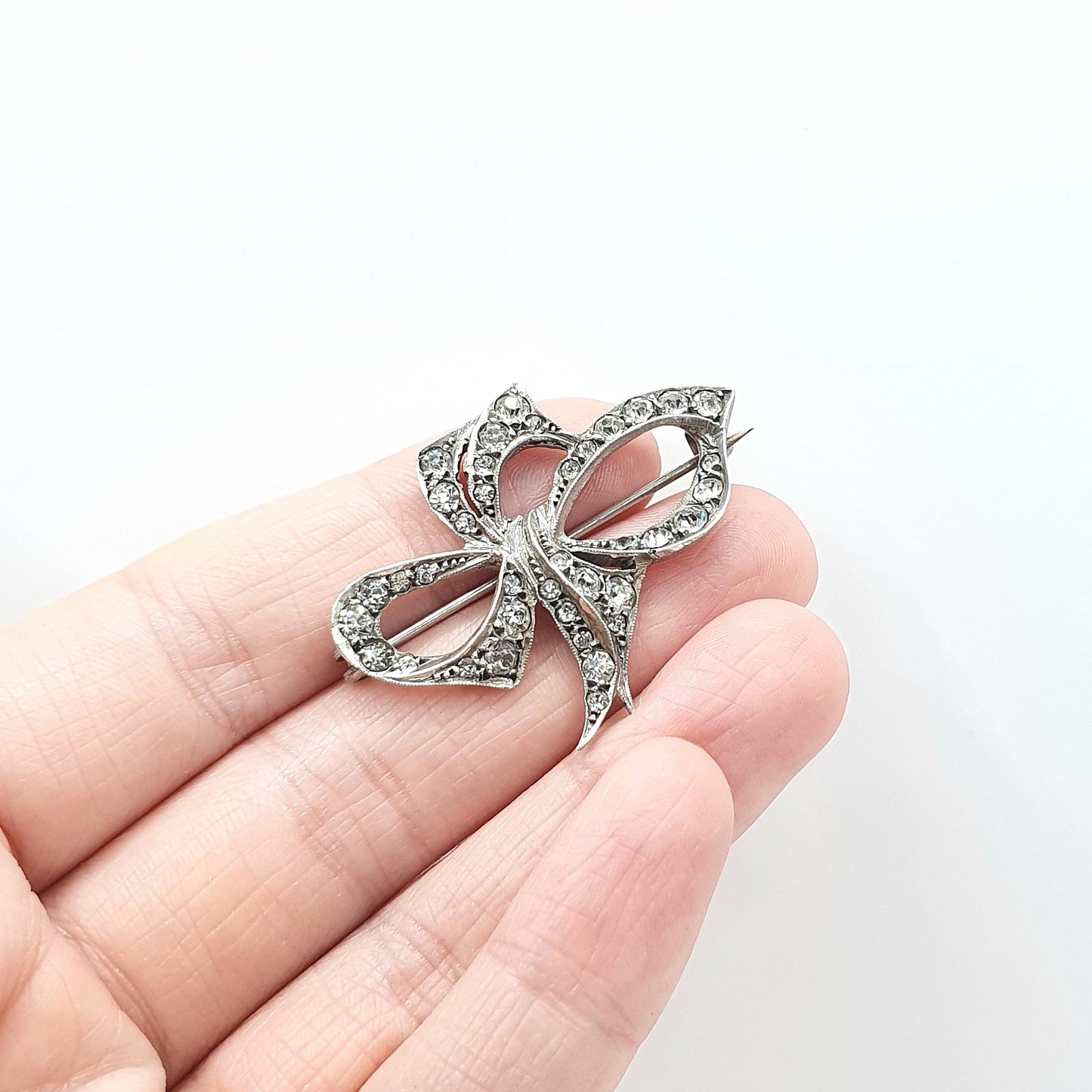 Antique Art Deco Solid Silver Diamond Paste Bow Brooch Cute Gift Special Rare Womens Jewelry Jewellery Vintage