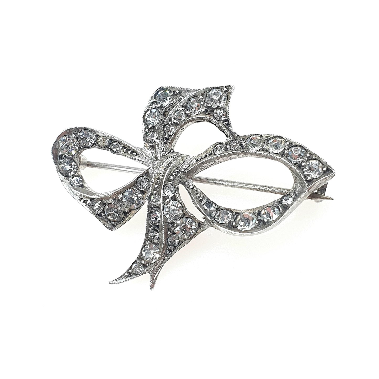 Antique Art Deco Solid Silver Diamond Paste Bow Brooch Cute Gift Special Rare Womens Jewelry Jewellery Vintage