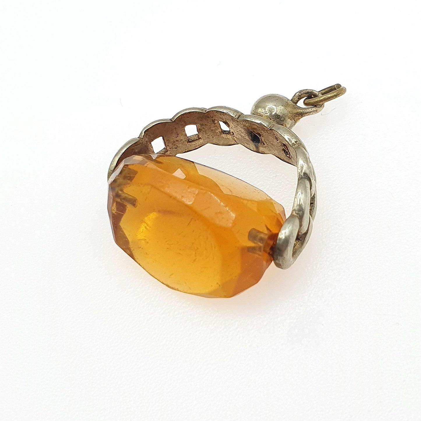 Antique Victorian Citrine Paste Spinner Fob Pendant Curb Link Frame Orange Glass Base Metal Necklace Vintage Men’s Jewellery Jewelry