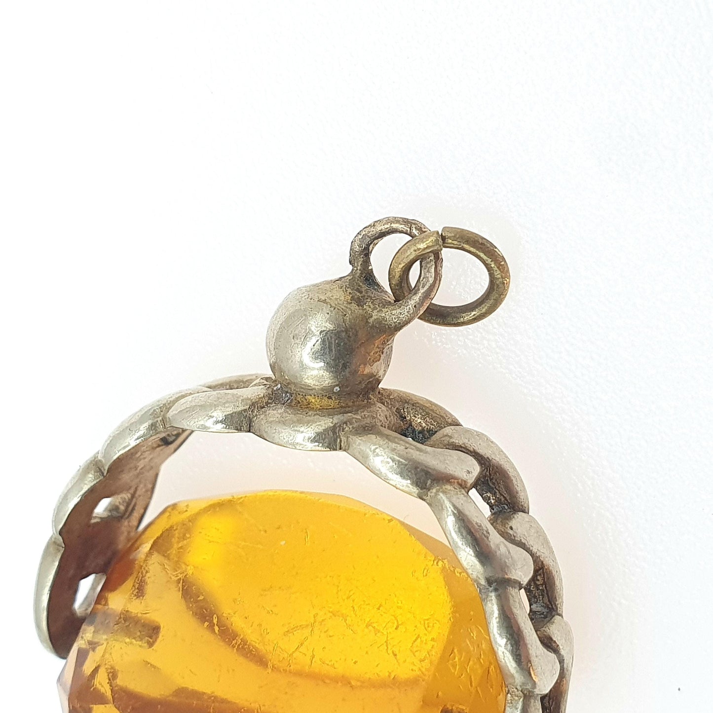 Antique Victorian Citrine Paste Spinner Fob Pendant Curb Link Frame Orange Glass Base Metal Necklace Vintage Men’s Jewellery Jewelry