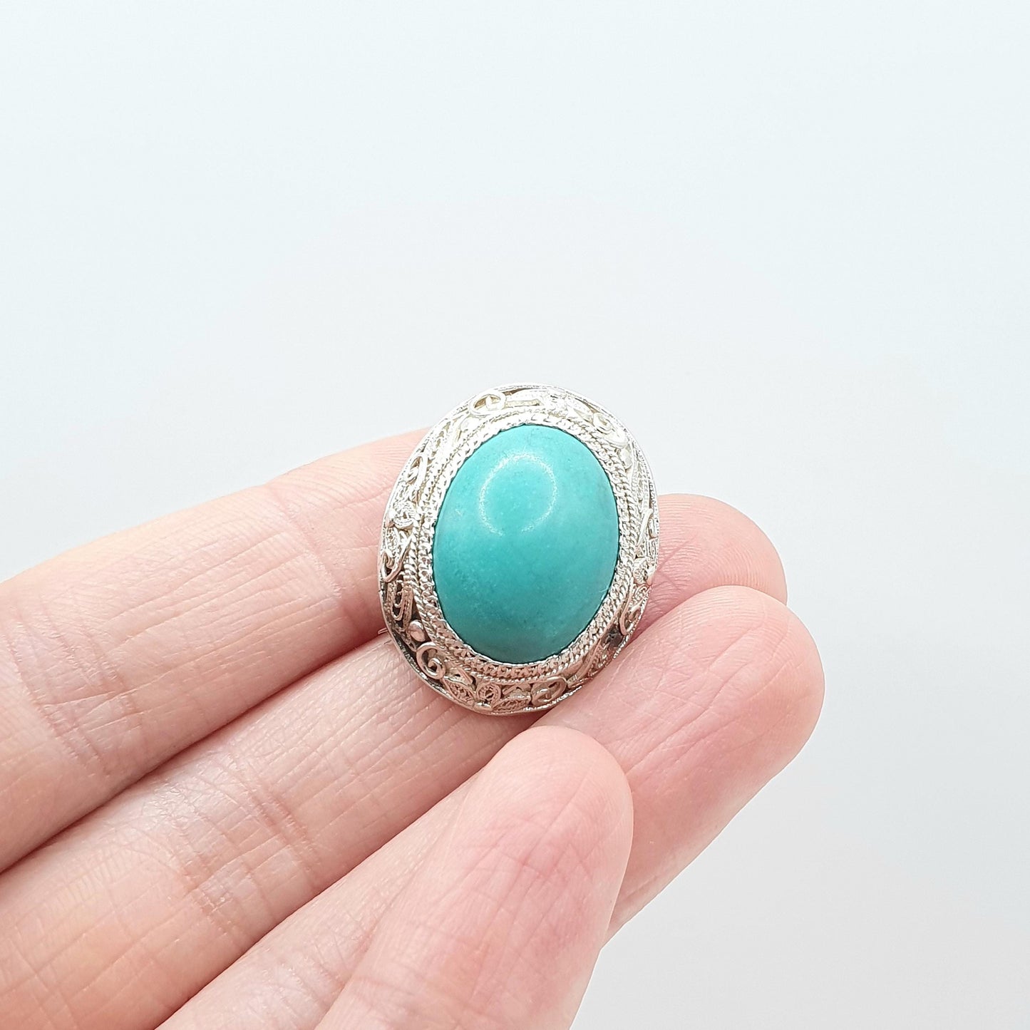 Vintage Solid Silver Turquoise Brooch Chinese Export Origin Filigree Cyan Handmade China Womens Jewelry Jewellery Vintage