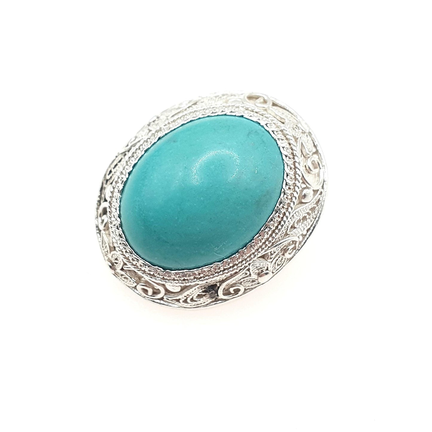 Vintage Solid Silver Turquoise Brooch Chinese Export Origin Filigree Cyan Handmade China Womens Jewelry Jewellery Vintage