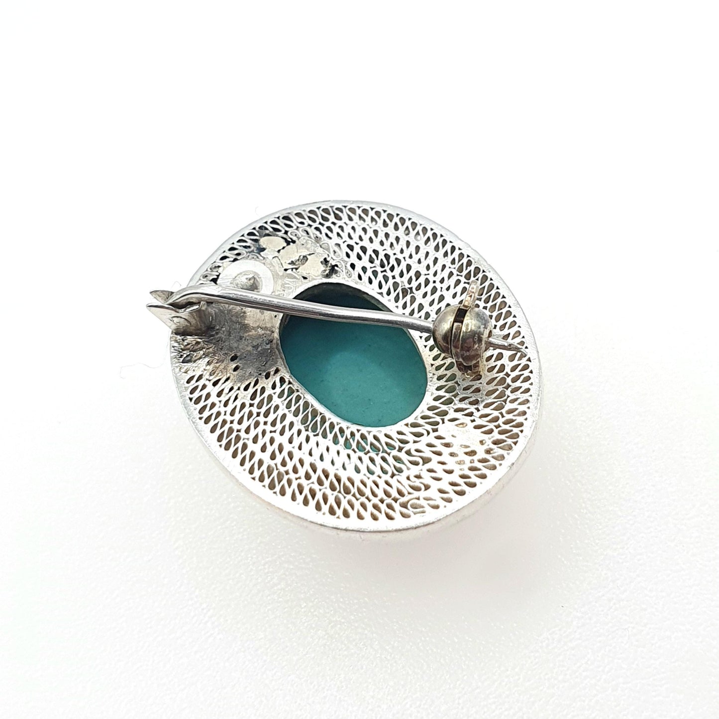 Vintage Solid Silver Turquoise Brooch Chinese Export Origin Filigree Cyan Handmade China Womens Jewelry Jewellery Vintage