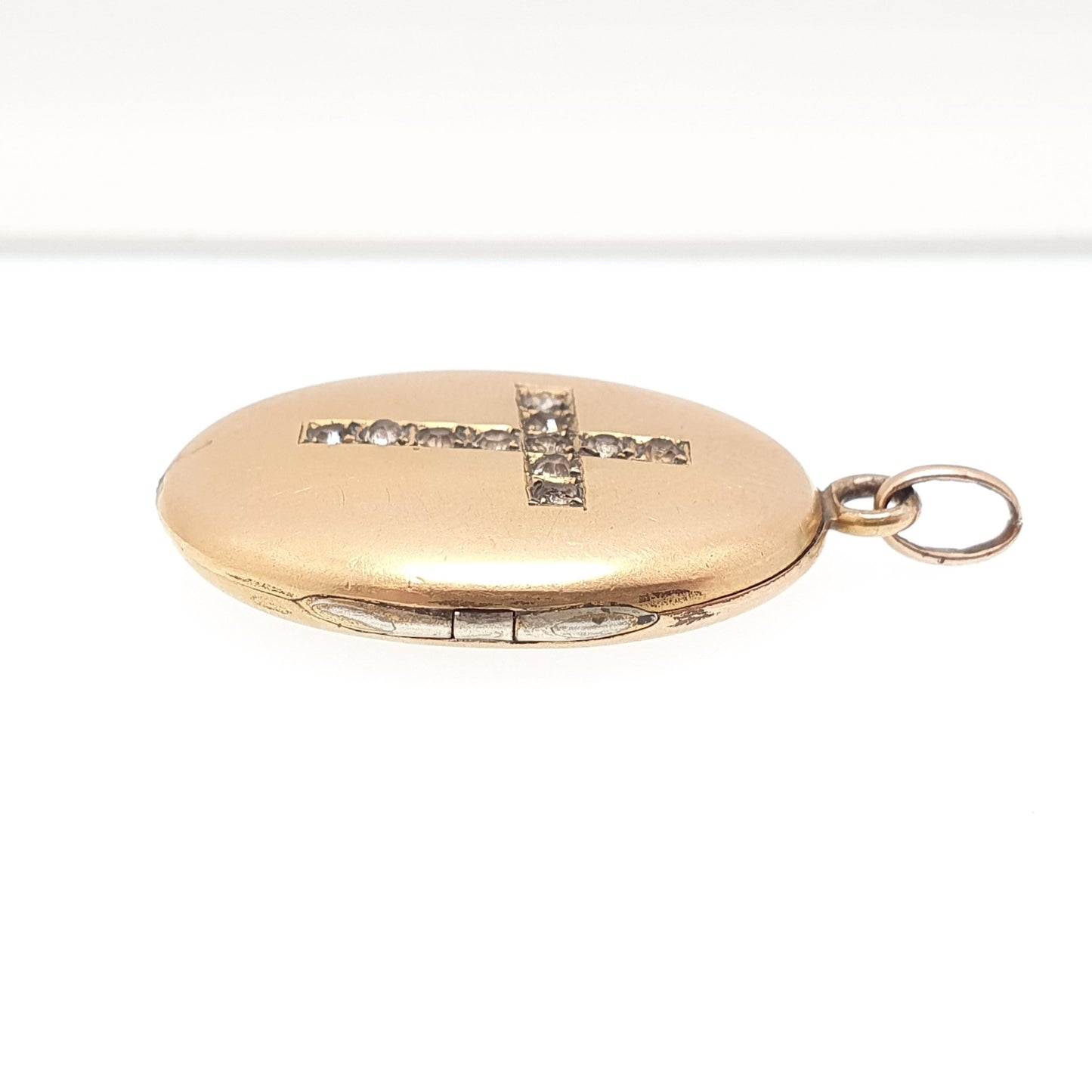 Antique 9ct Gold Cased Crucifix Paste Locket Necklace Pendant 9k Victorian Thick Rolled Gold Filled Cross Pastes Vintage Jewellery Jewelry