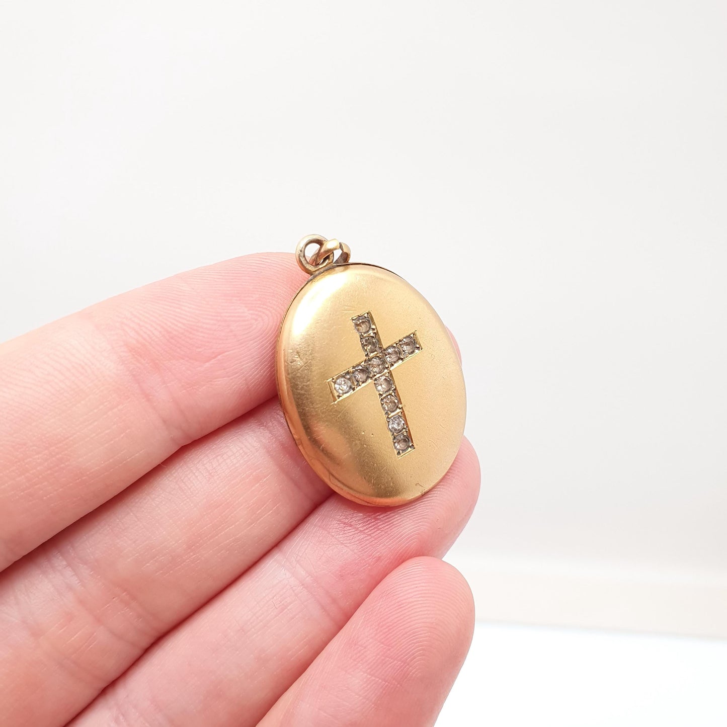 Antique 9ct Gold Cased Crucifix Paste Locket Necklace Pendant 9k Victorian Thick Rolled Gold Filled Cross Pastes Vintage Jewellery Jewelry