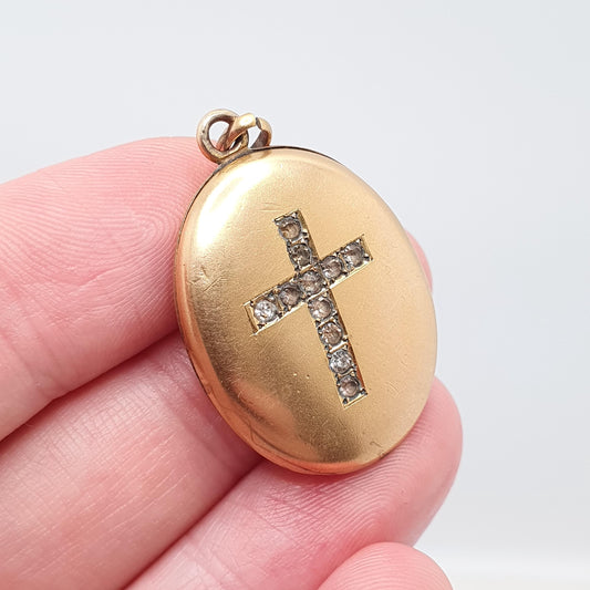 Antique 9ct Gold Cased Crucifix Paste Locket Necklace Pendant 9k Victorian Thick Rolled Gold Filled Cross Pastes Vintage Jewellery Jewelry