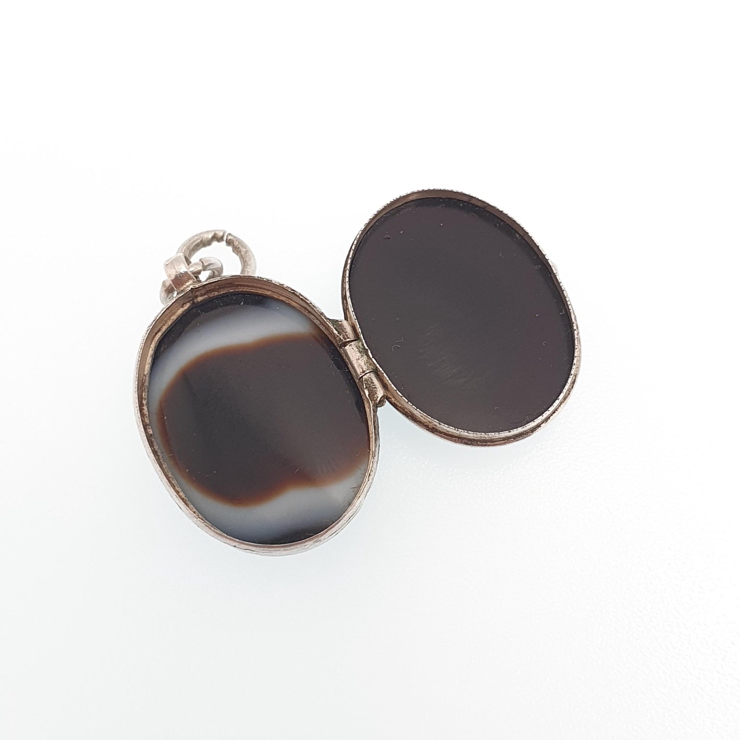 Antique Victorian Solid Silver Bullseye Agate Locket Genuine Gemstone Pendant Necklace Oval Black Eye Cabochon Vintage Womens Mens Jewelry