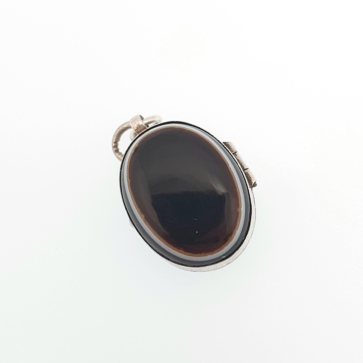 Antique Victorian Solid Silver Bullseye Agate Locket Genuine Gemstone Pendant Necklace Oval Black Eye Cabochon Vintage Womens Mens Jewelry