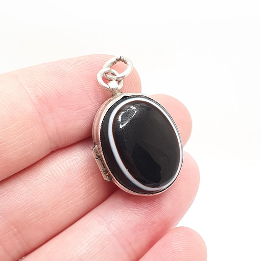 Antique Victorian Solid Silver Bullseye Agate Locket Genuine Gemstone Pendant Necklace Oval Black Eye Cabochon Vintage Womens Mens Jewelry