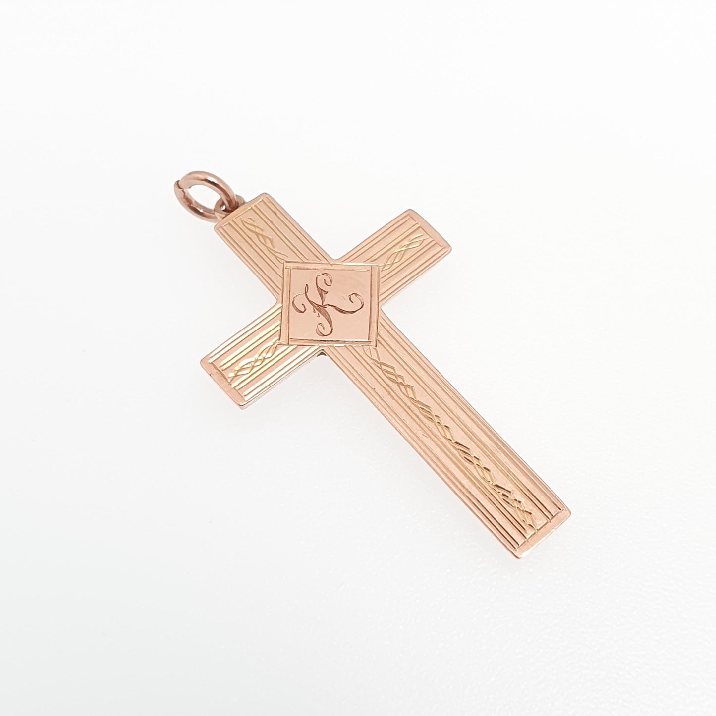 Antique 9ct 9k Rose Gold "K" Initial Letter Crucifix Necklace Cross Pendant Art Deco 1920s Solid 9kt Vintage Womens Mens Jewellery Jewelry