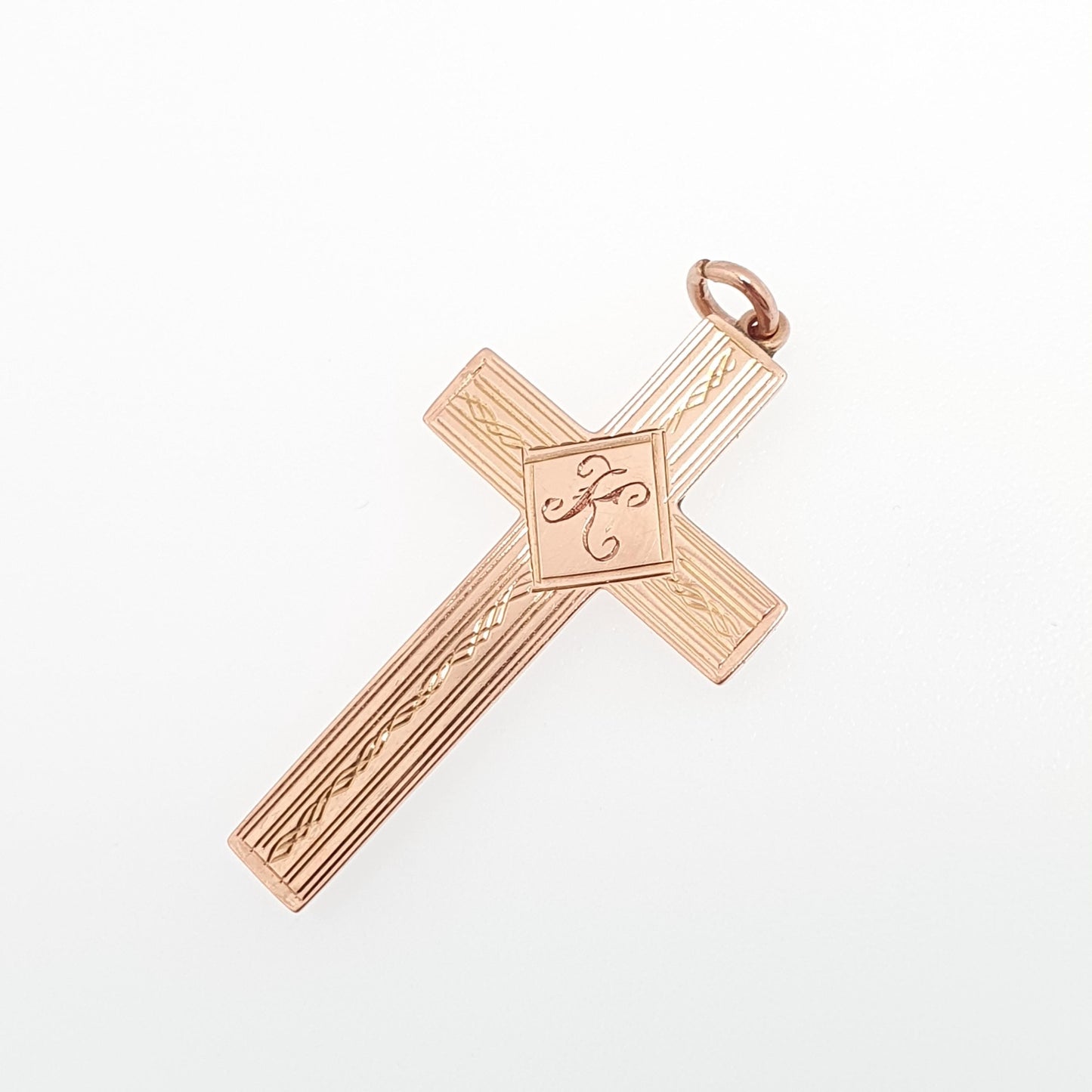 Antique 9ct 9k Rose Gold "K" Initial Letter Crucifix Necklace Cross Pendant Art Deco 1920s Solid 9kt Vintage Womens Mens Jewellery Jewelry