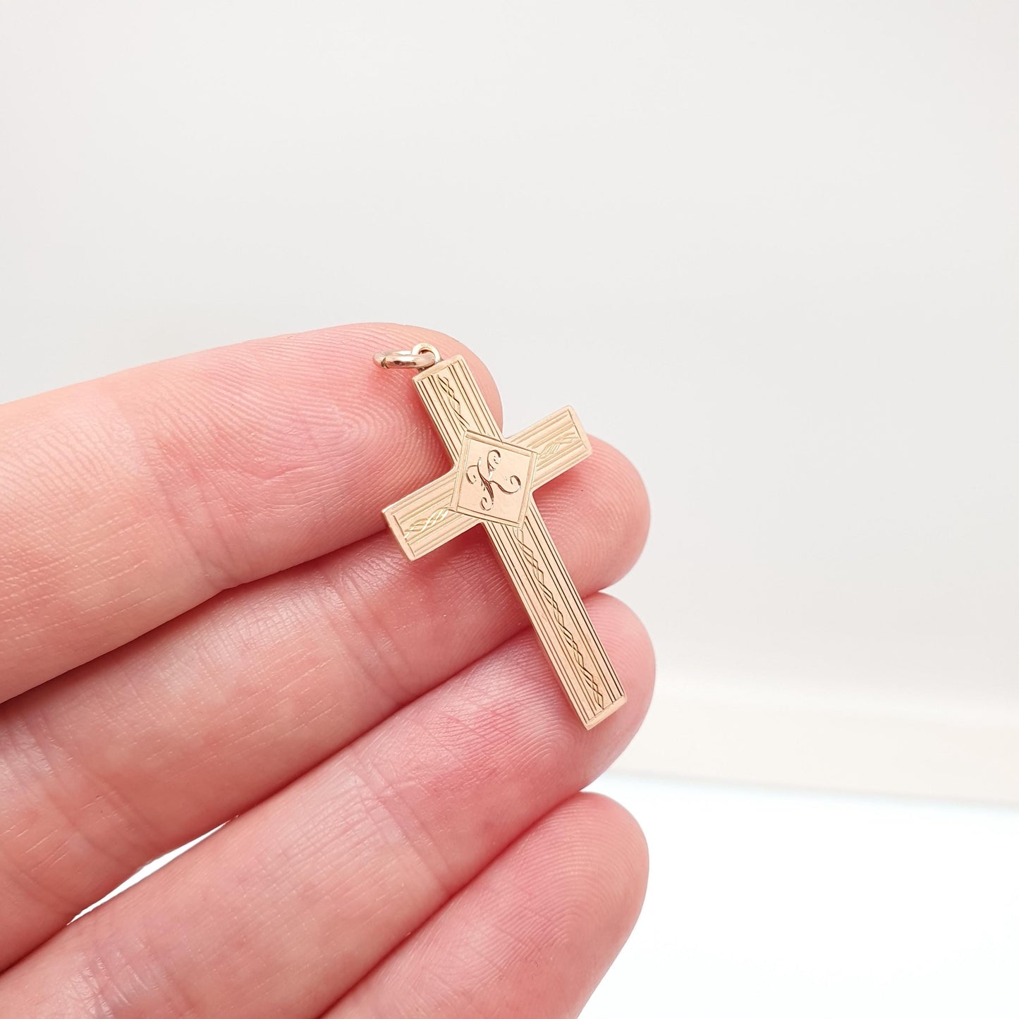 Antique 9ct 9k Rose Gold "K" Initial Letter Crucifix Necklace Cross Pendant Art Deco 1920s Solid 9kt Vintage Womens Mens Jewellery Jewelry