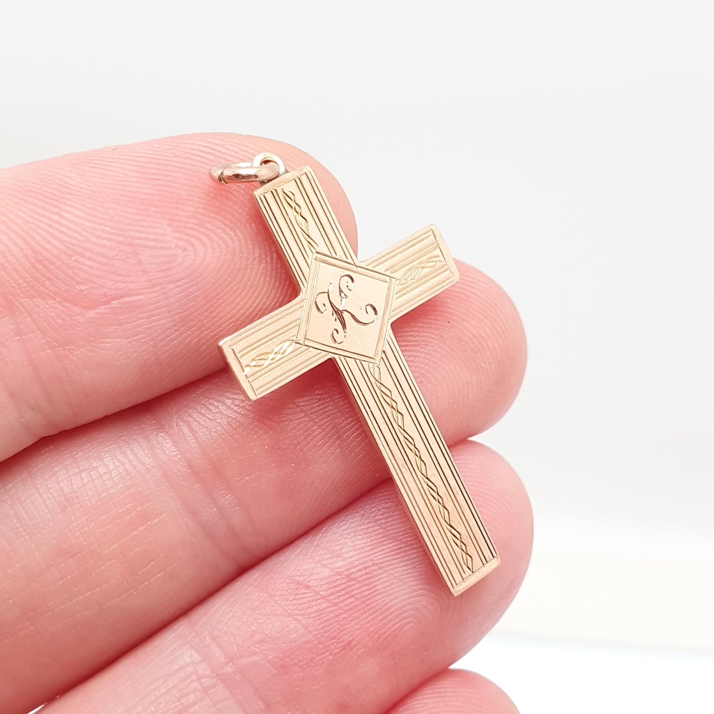 Antique 9ct 9k Rose Gold "K" Initial Letter Crucifix Necklace Cross Pendant Art Deco 1920s Solid 9kt Vintage Womens Mens Jewellery Jewelry