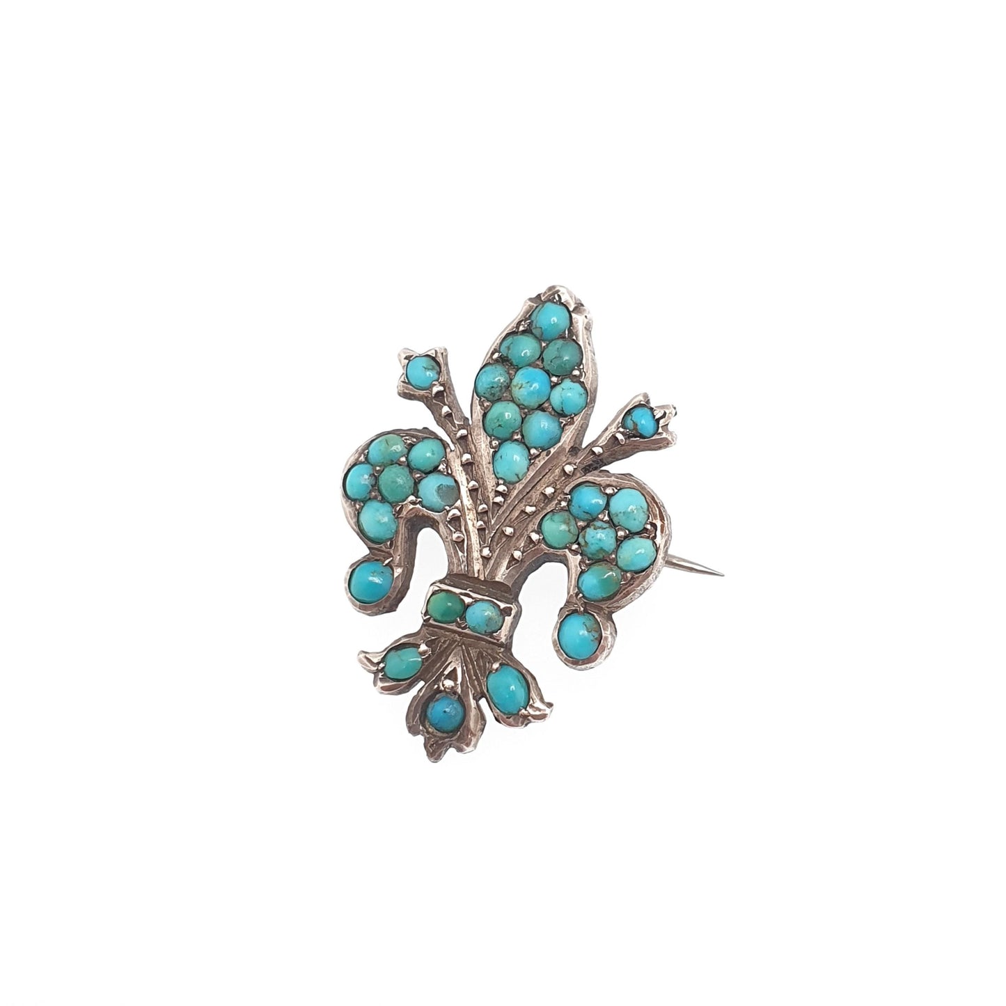 Antique Victorian Solid Silver Turquoise Brooch Fleur de Lis Lys French Lily Flower Natural Gemstone Womens Jewelry Jewellery Vintage