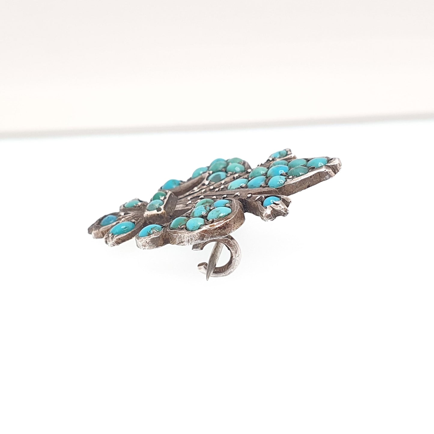 Antique Victorian Solid Silver Turquoise Brooch Fleur de Lis Lys French Lily Flower Natural Gemstone Womens Jewelry Jewellery Vintage