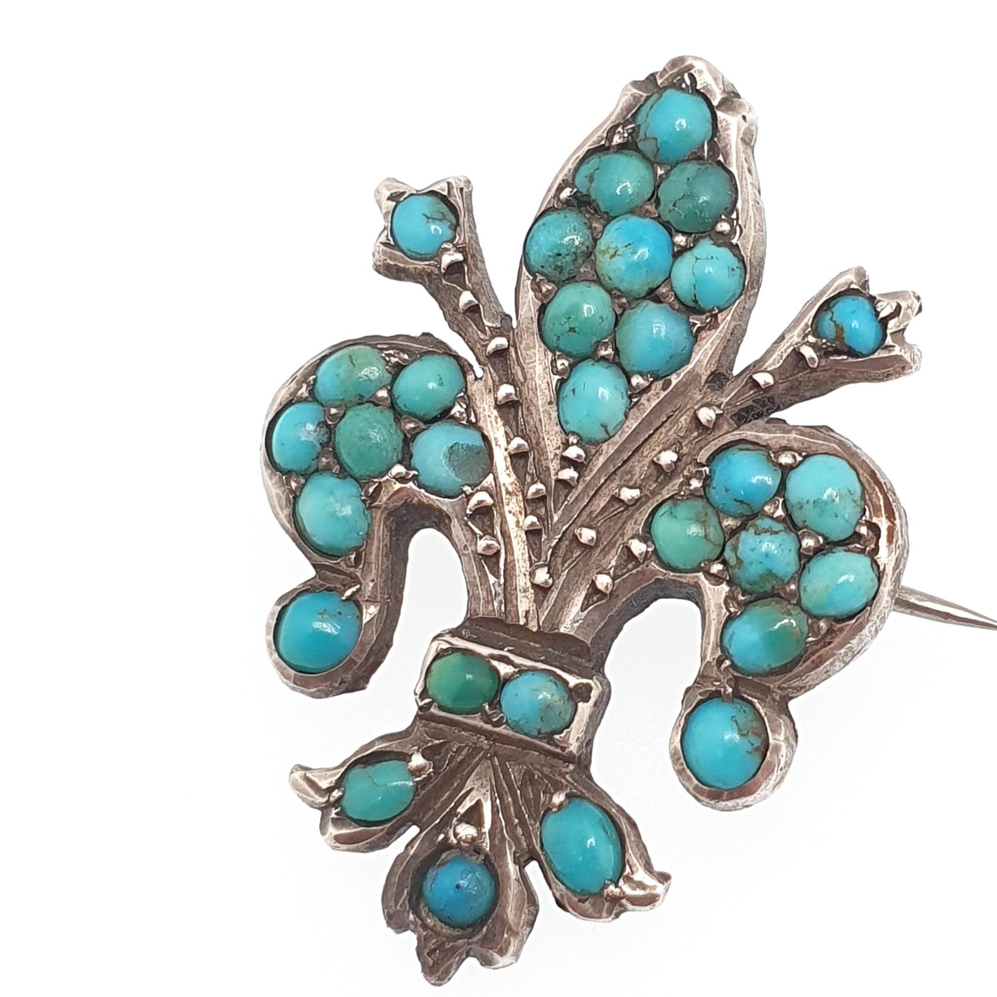 Antique Victorian Solid Silver Turquoise Brooch Fleur de Lis Lys French Lily Flower Natural Gemstone Womens Jewelry Jewellery Vintage