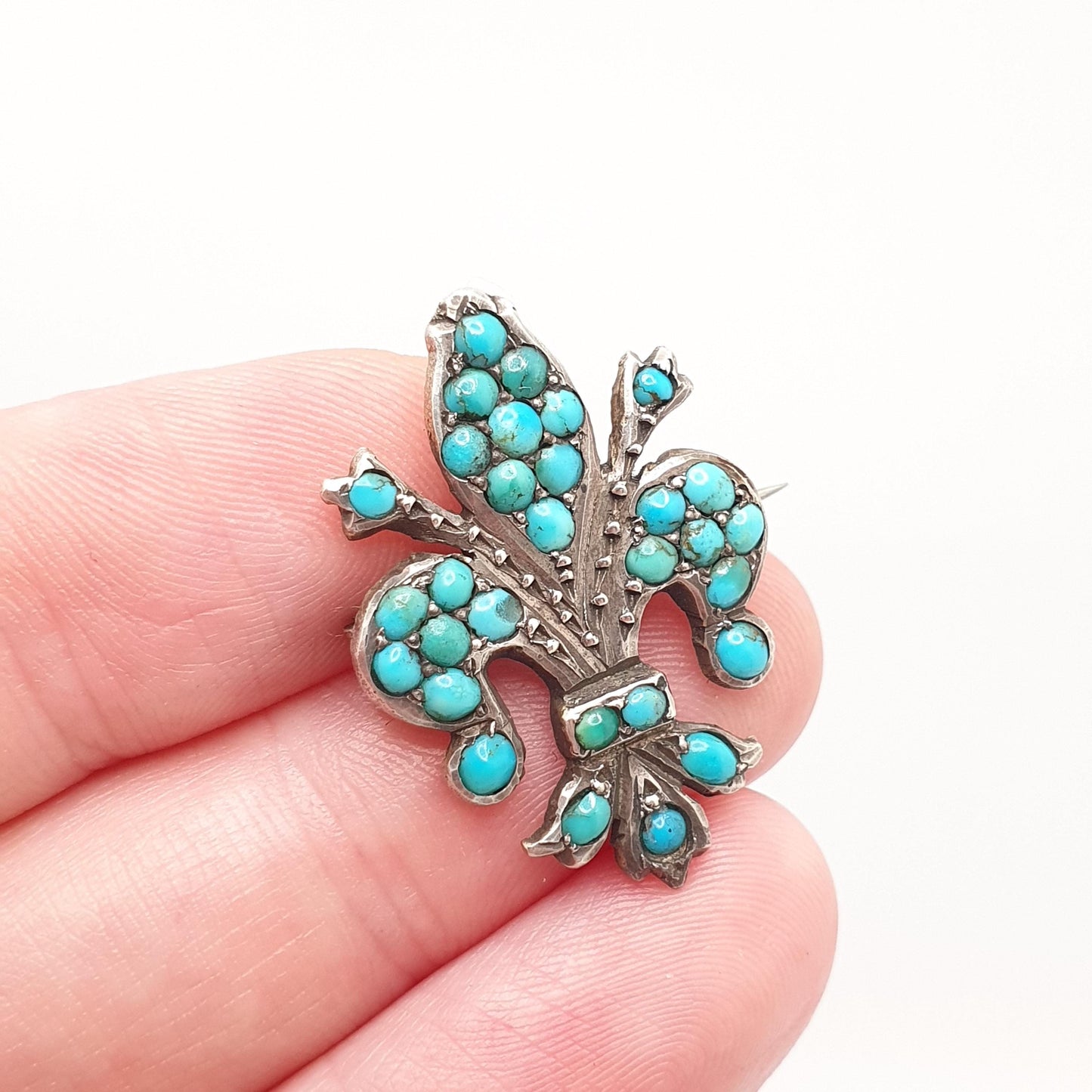 Antique Victorian Solid Silver Turquoise Brooch Fleur de Lis Lys French Lily Flower Natural Gemstone Womens Jewelry Jewellery Vintage