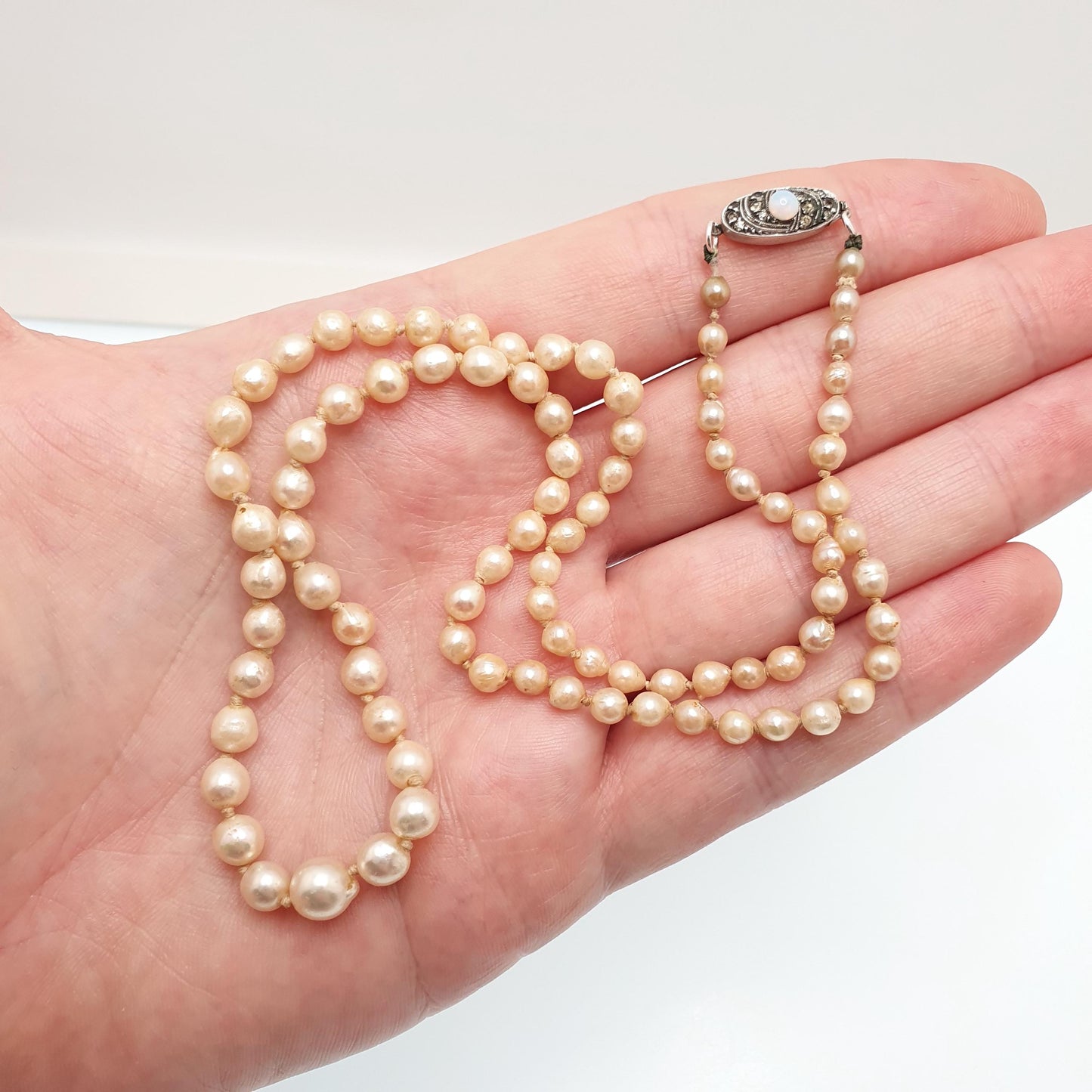 Antique Cultured Pearl Necklace Solid Silver Paste Clasp Art Deco 51cm 20" 14.06g Real Genuine Pearls Vintage 1920s Jewelry